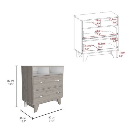 Tuhome Portanova Two Drawer Dresser, Two Open Shelves, Superior Top, Four Legs, Light Gray/White CZB6740